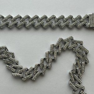 Fifth Avenue Cuban Link Chain White Gold Round Cut Rhinestone Necklace 28 Inch
